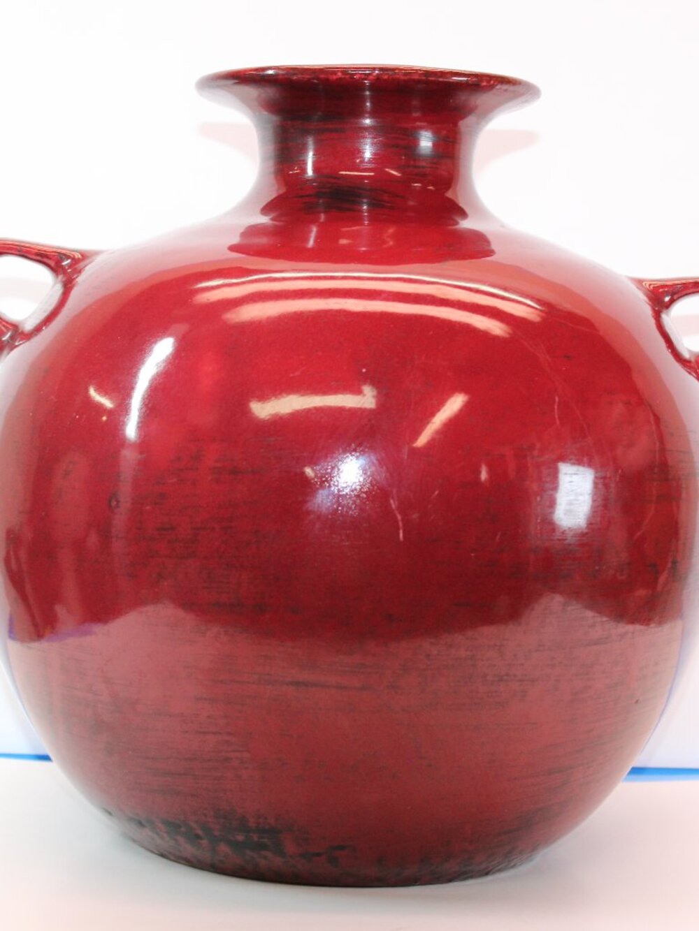 Vtg MCM ITALIAN Handmade Lg Round Burgandy Red Pottery Jug w Handles 11.5"